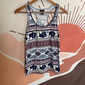 Rue 21 Elephant Print Racerback Tank Top Women's Size L Boho Tribal Colorful